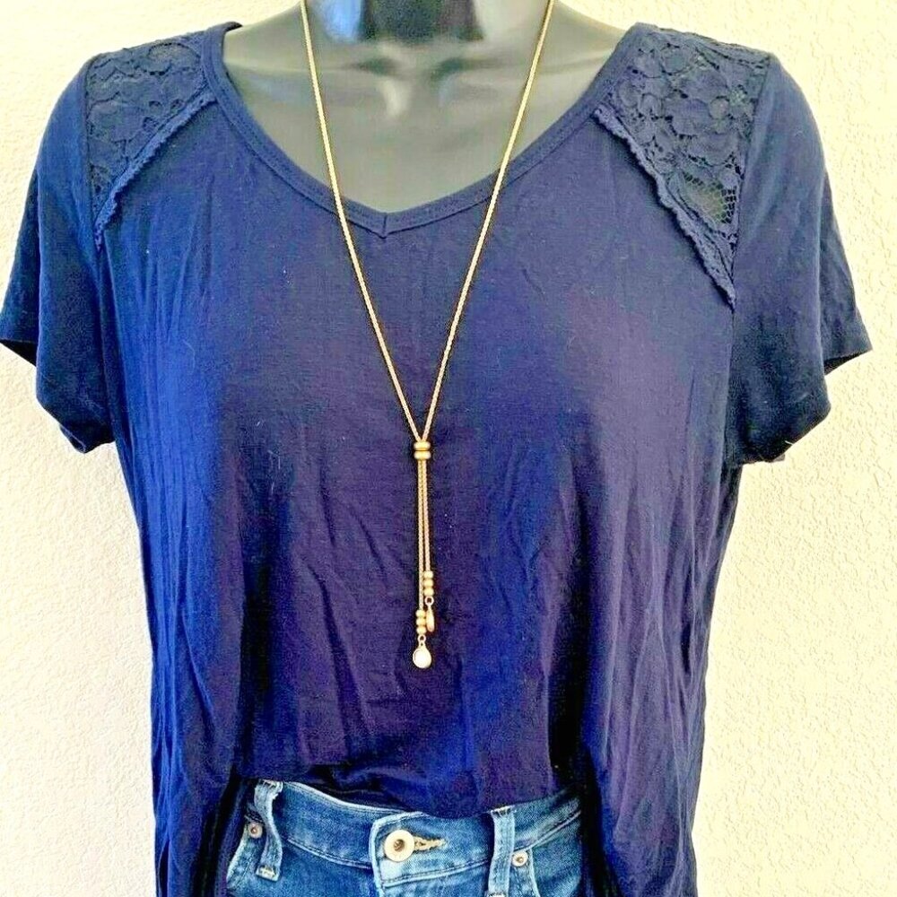 Swing Top Women's MEDIUM Navy Blue Crochet Trim V-Back A-line Lace Pink Rose